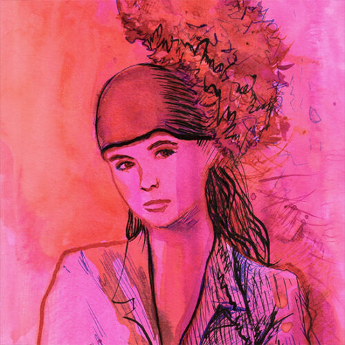 Woman in pink flamingo hat