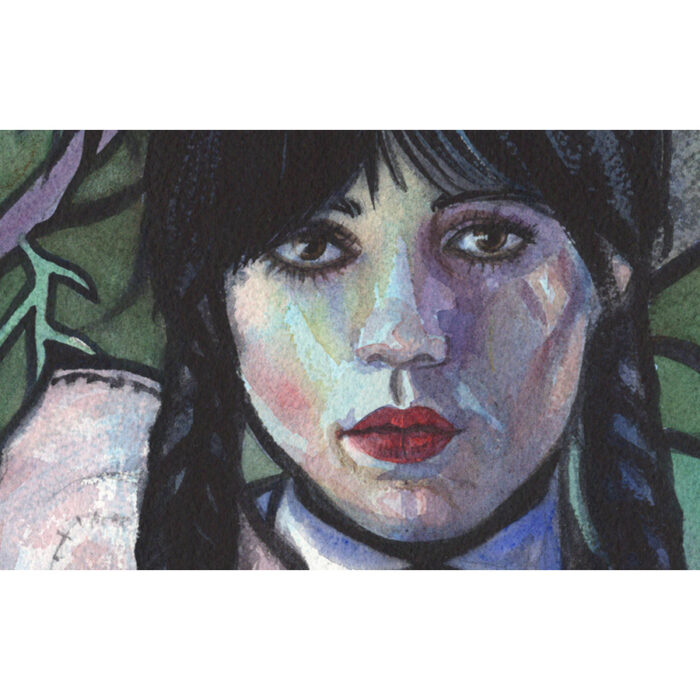 Original Wednesday Addams and Thing Watercolor Painting – Gothic Portrait, Dark Art Collectible - Image 2
