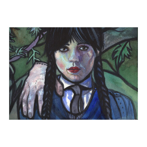 Original Wednesday Addams and Thing Watercolor Painting – Gothic Portrait, Dark Art Collectible