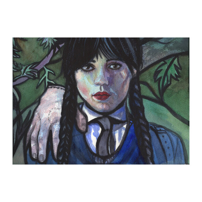 Original Wednesday Addams and Thing Watercolor Painting – Gothic Portrait, Dark Art Collectible