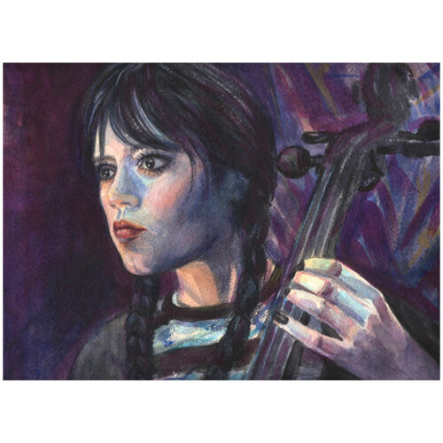Original Wednesday Addams Watercolor Painting – Gothic Portrait, Dark Art Collectible