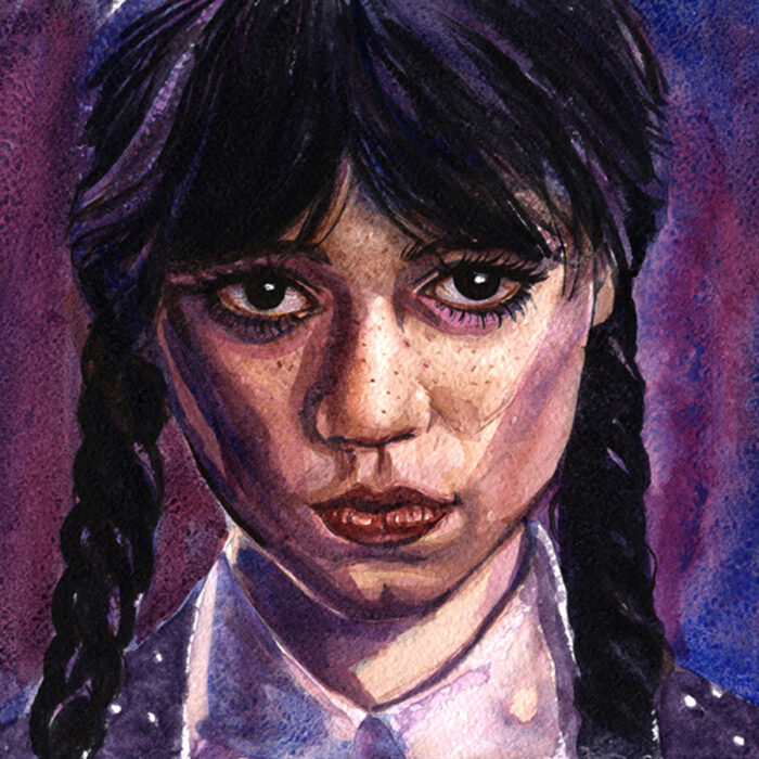 Original Wednesday Watercolour Painting – Gothic Portrait, Dark Art Collectible - Image 3