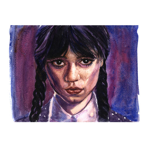 Original Wednesday Watercolour Painting – Gothic Portrait, Dark Art Collectible